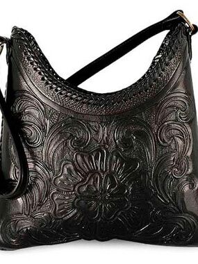 Hand-Tooled Floral Black Leather Hobo Bag